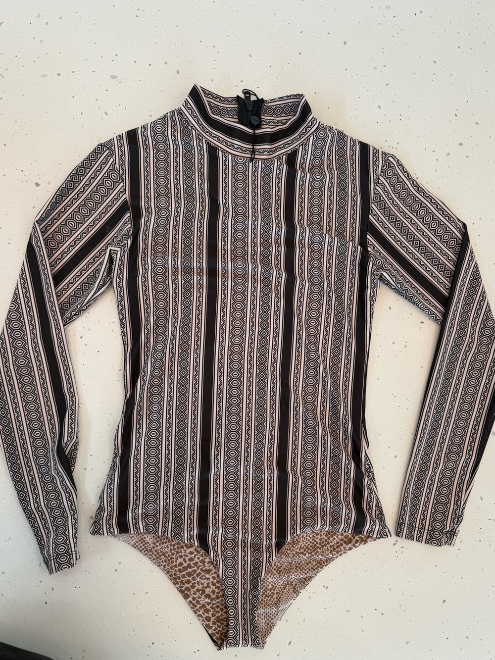 acacia swimwear Black and Cream Striped Mock Neck Long-Sleeve Bodysuit